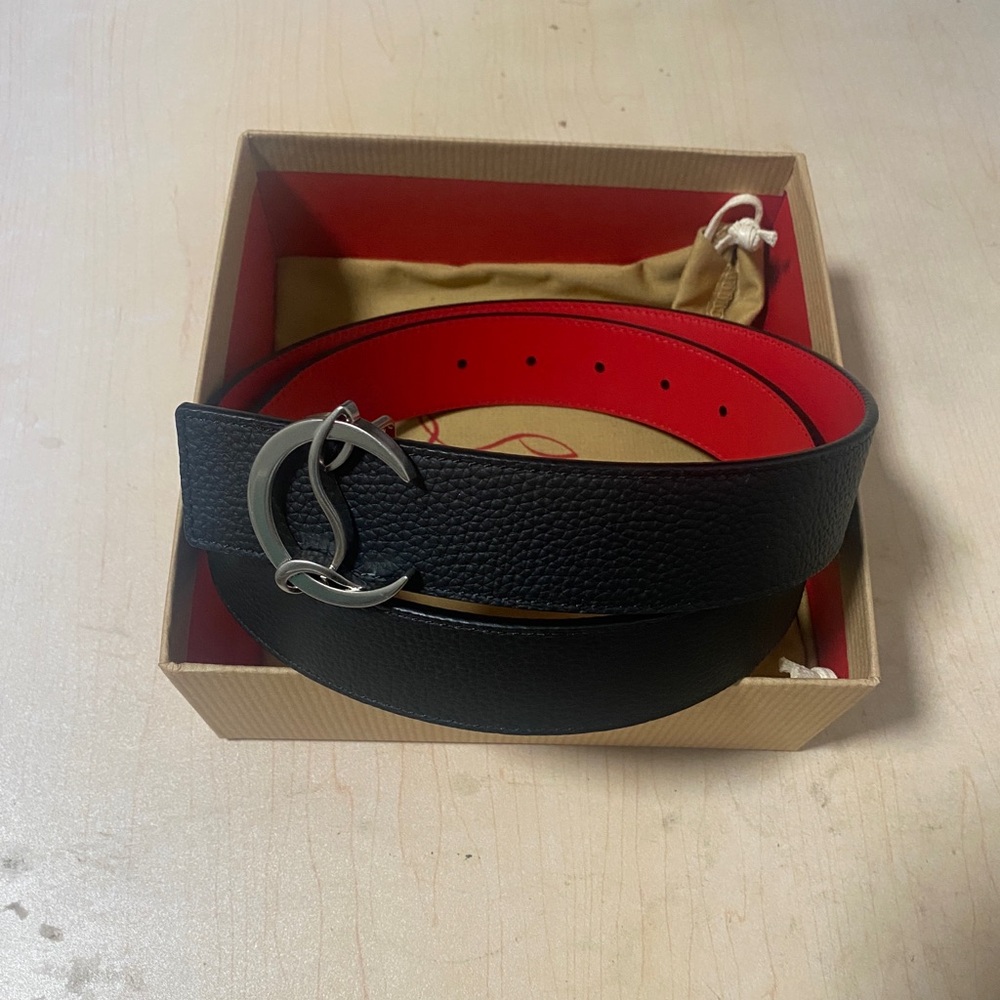 Christian Louboutin CL Logo Belt Reversible Black Red Leather 85cm